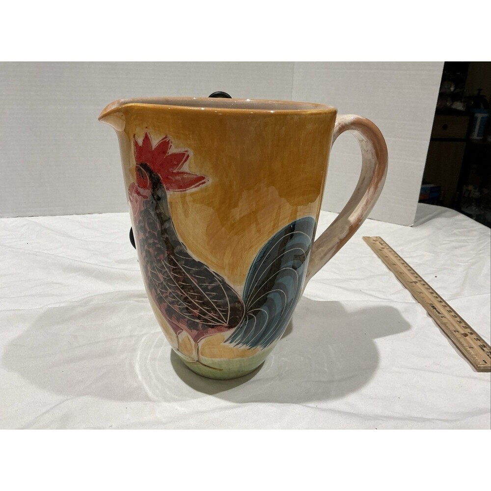 Present Tense Hand Painted Rooster Farmhouse 8” Pitcher EUC